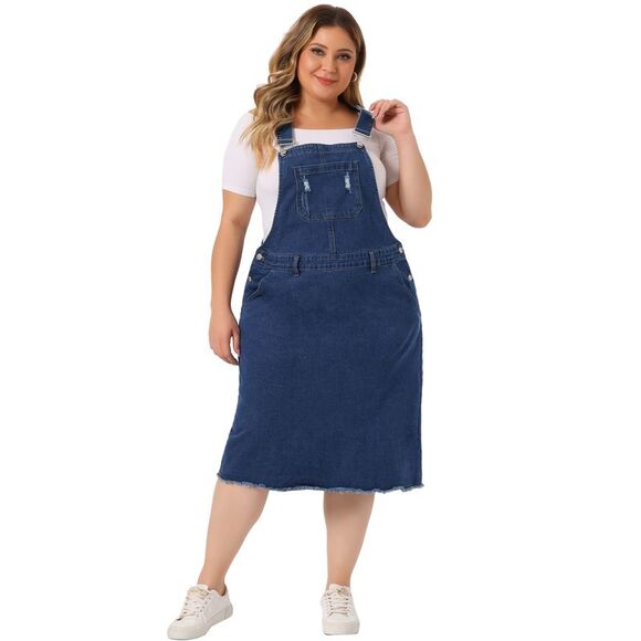 Plus Size Jean Skirt Distressed Racerback Suspender Denim Overall Dress Blue - Picture 3 of 6